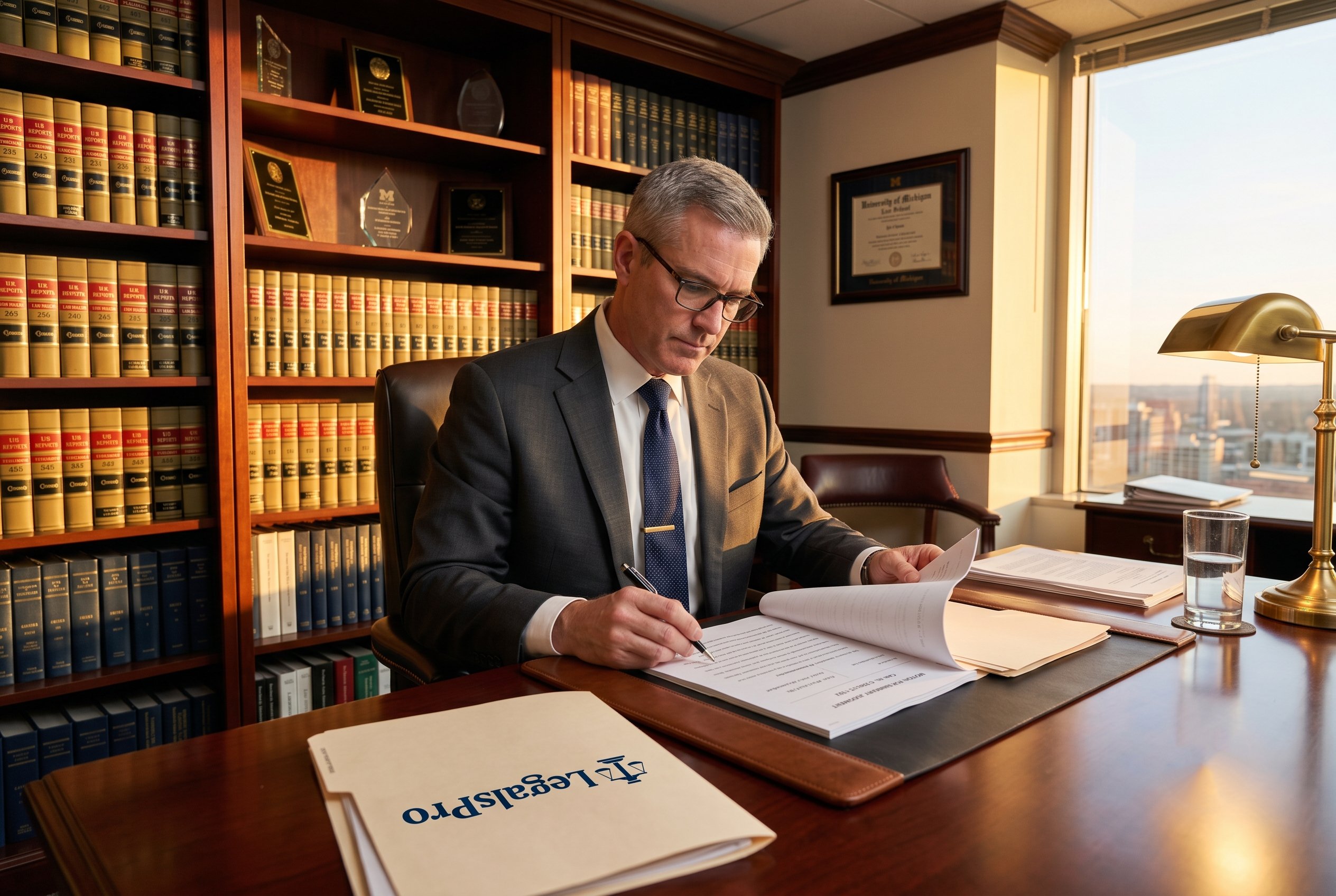 Attorney reviewing legal documents at desk
