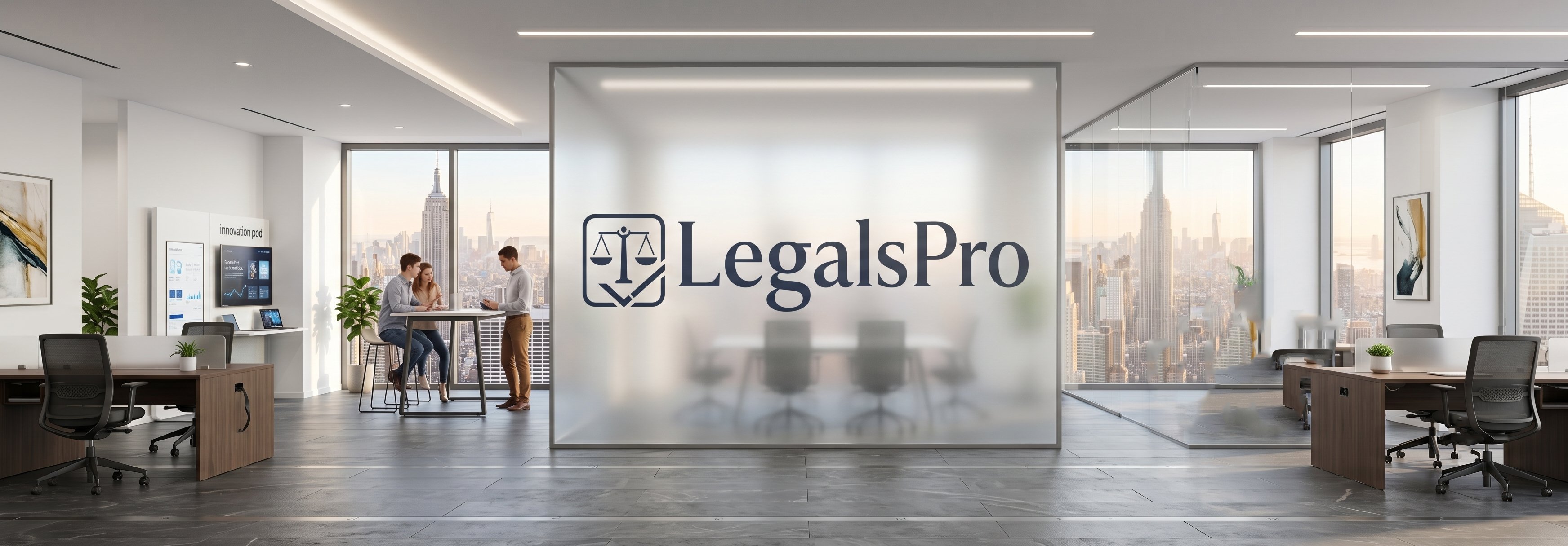 Modern legal office interior with large windows