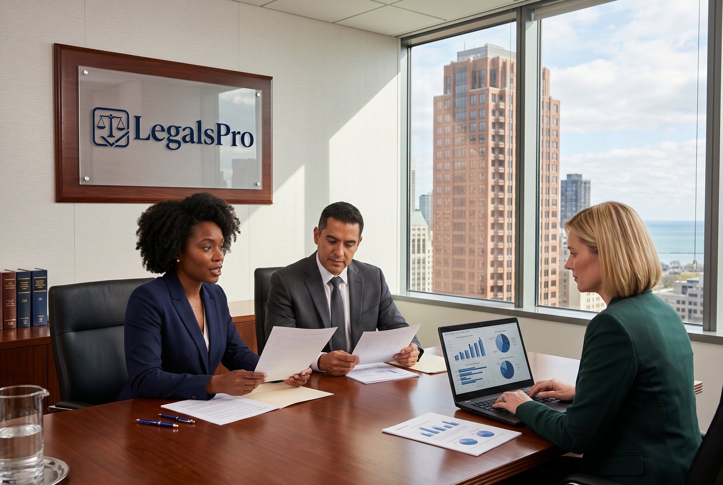 Attorneys in a meeting room reviewing documents